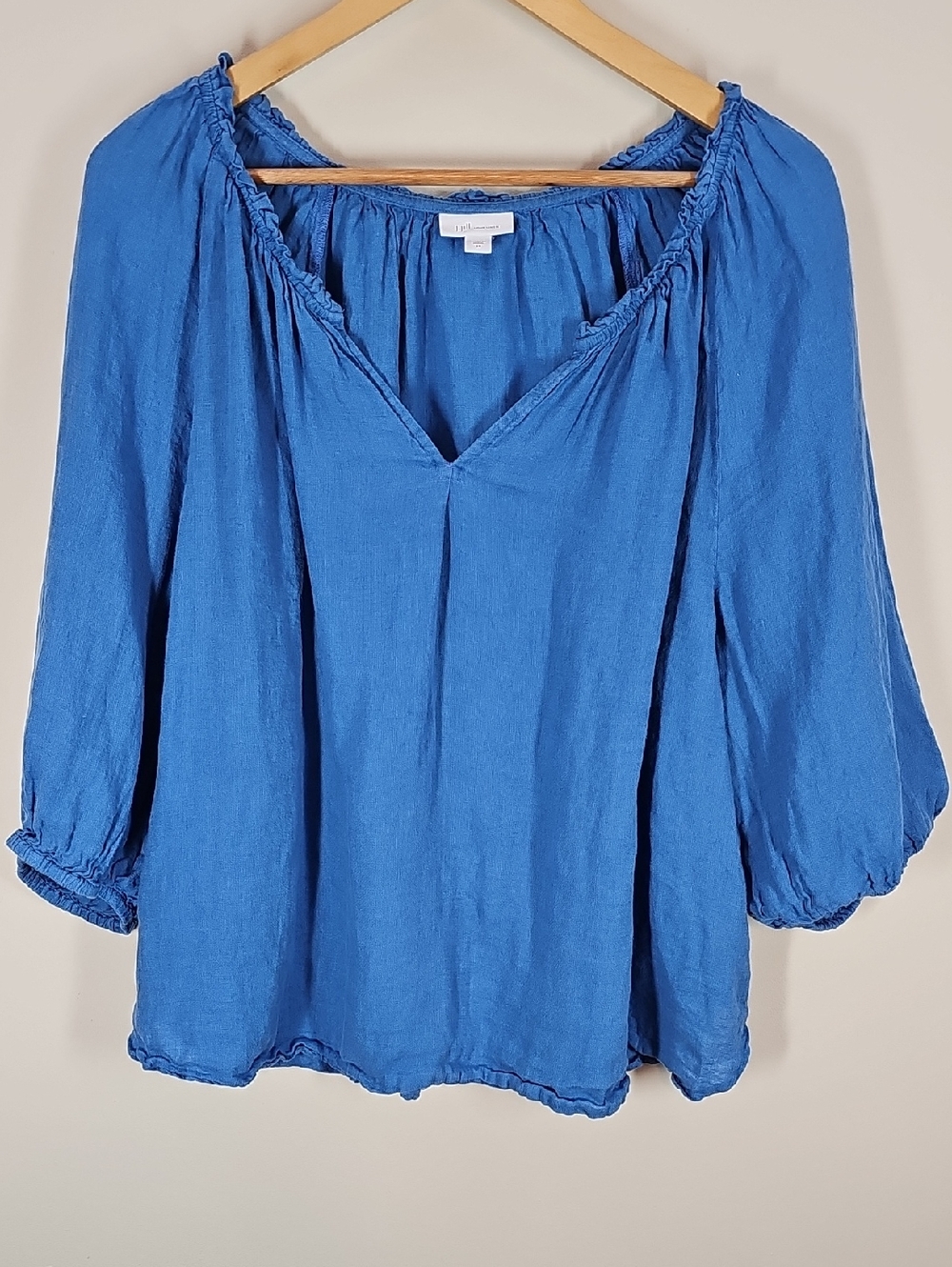J. Jill Love Linen V-Neck Puff Sleeve Top 2X Cobalt Blue 100% Linen Peasant Boho